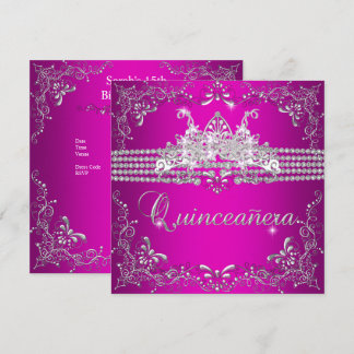Quinceanera Födelsedagsfest Hot Pink Silver Tiara Inbjudningar