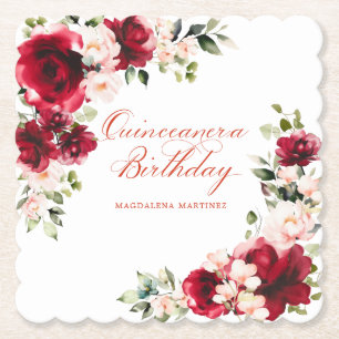 Quinceanera Födelsedagsfest Red Rosa Blommigt Anpa Underlägg Papper