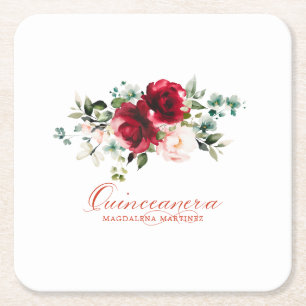 Quinceanera Födelsedagsfest Red Rosa Blommigt Anpa Underlägg Papper Kvadrat