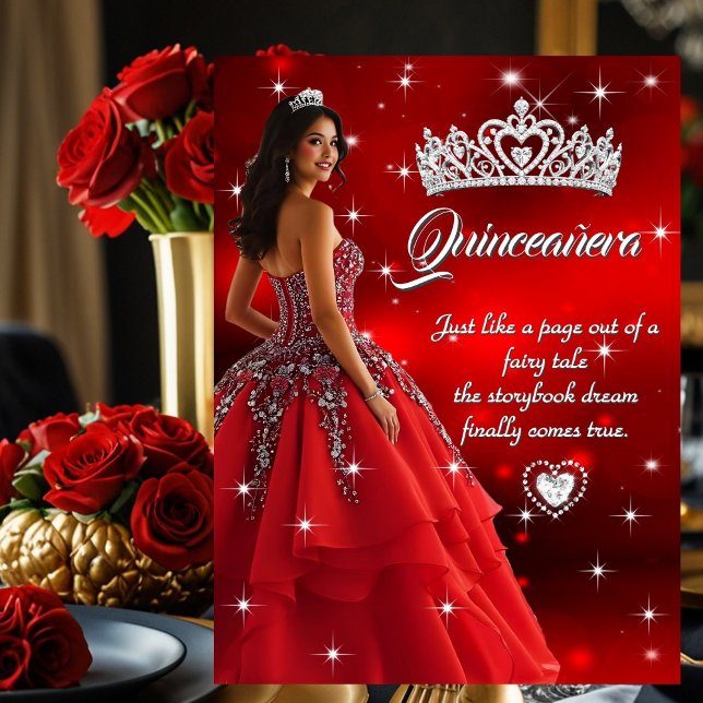 Quinceanera Födelsedagsfest Red Silver Dress Tiara Inbjudningar (Skapare uppladdad)