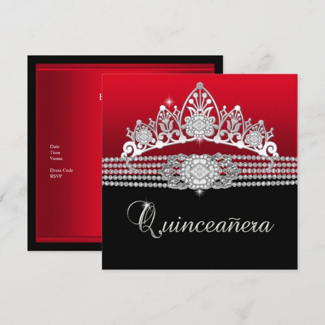 Quinceanera Födelsedagsfest Röd Diamant Svart Inbjudningar (Fram/baksida)
