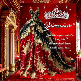 Quinceanera Födelsedagsfest Röd Guld Svart Klännin Inbjudningar