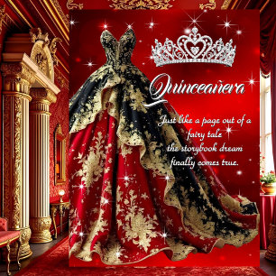 Quinceanera Födelsedagsfest Röd Guld Svart Klännin Inbjudningar