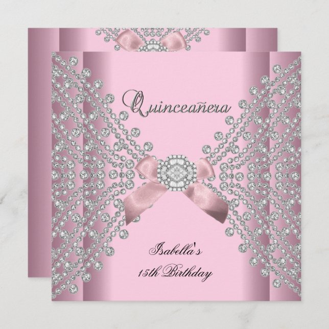 Quinceanera Födelsedagsfest Rosa Vita diamanter Inbjudningar (Fram/baksida)
