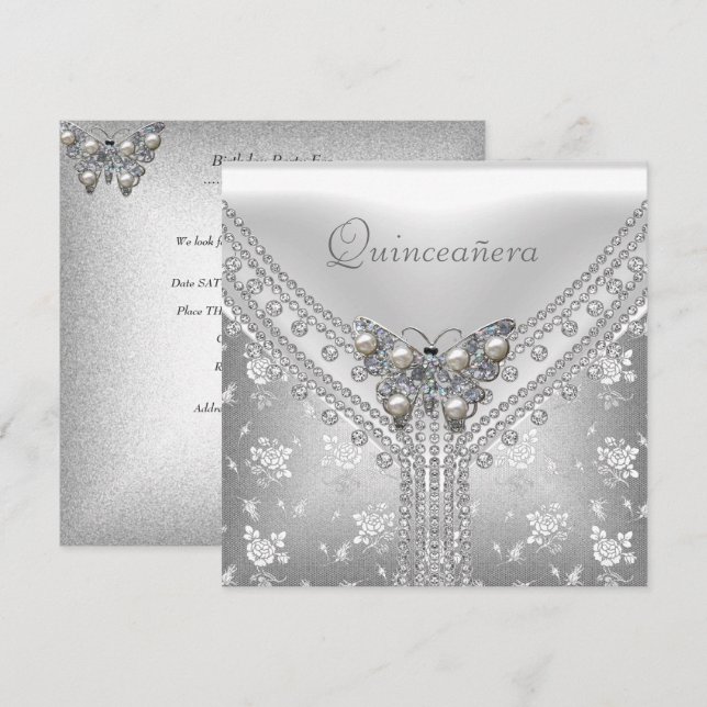 Quinceanera Födelsedagsfest Silver Vit Fjäril Inbjudningar (Fram/baksida)