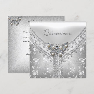 Quinceanera Födelsedagsfest Silver Vit Fjäril Inbjudningar