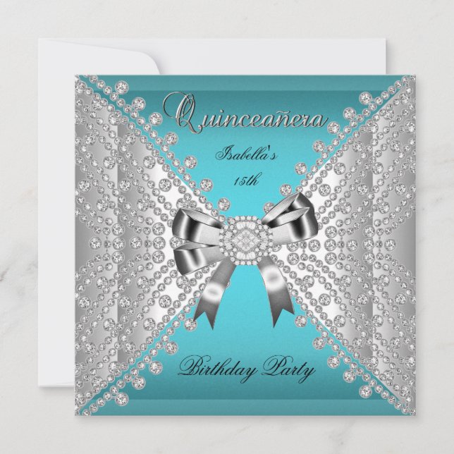 Quinceanera Födelsedagsfest Teal Blå Diamanter Inbjudningar (Framsida)