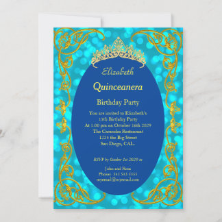 Quinceanera Födelsedagsfest Teal Guld-inbjudan Inbjudningar