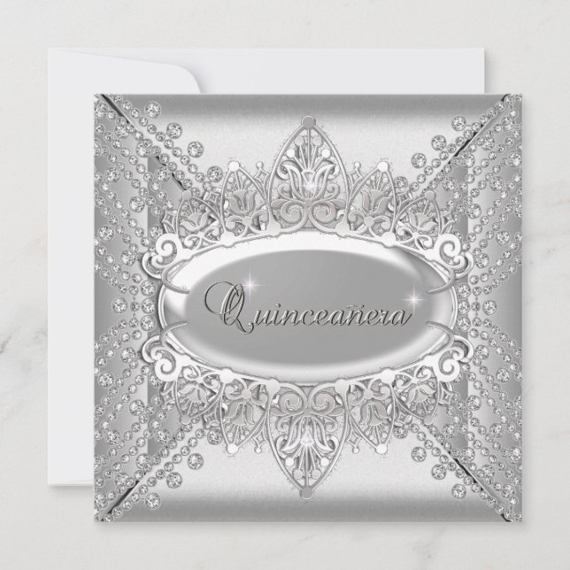 Quinceanera Födelsedagsfest Vita diamanter Silver Inbjudningar (Framsida)