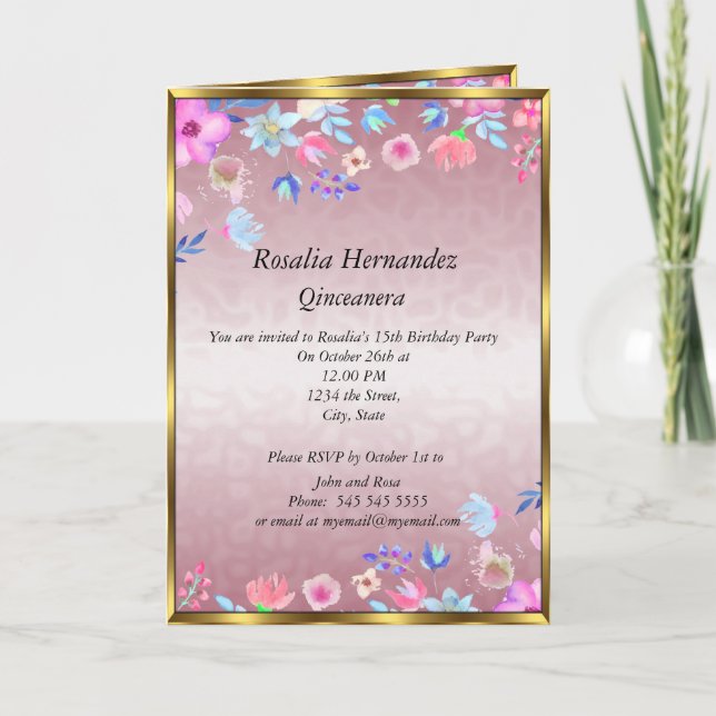 Quinceanera-Födelsedagsfestens Rosa och blommor Inbjudan (Framsida)