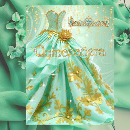 Quinceanera Födelsedagsfirande Mintgrön Guld Klänn Inbjudningar
