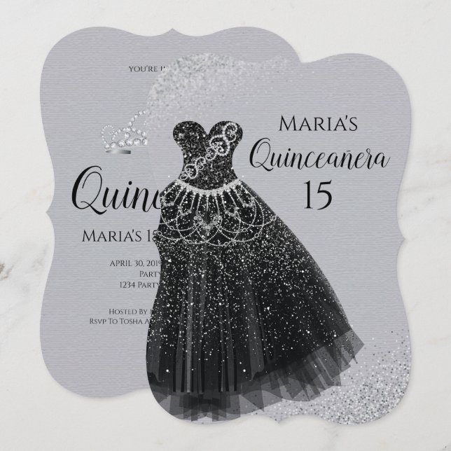 Quinceañera för silver för gnistraklänningsvart inbjudningar (Fram/baksida)