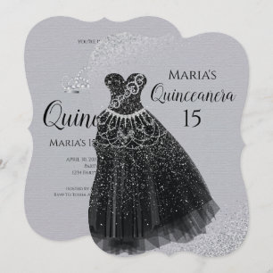 Quinceañera för silver för gnistraklänningsvart inbjudningar
