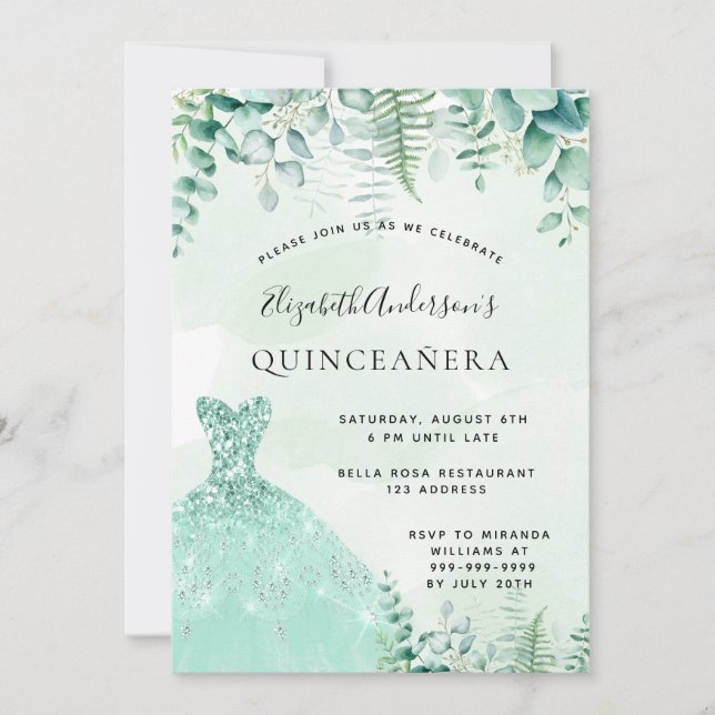 Quinceanera-förändrad skogsgrön klänning inbjudningar (Framsida)