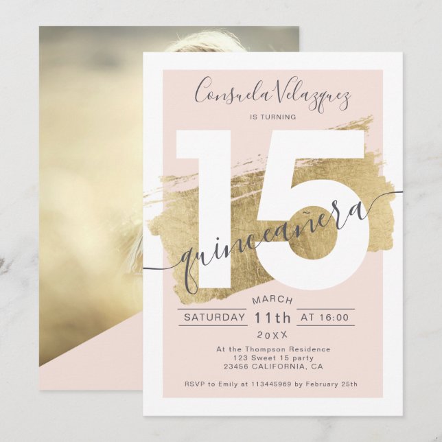  quinceanera-foto av chic guld-folie inbjudningar (Fram/baksida)
