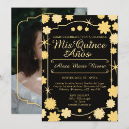 Quinceanera Foto Blommig Guld Silver Ros Glam Inbjudningar