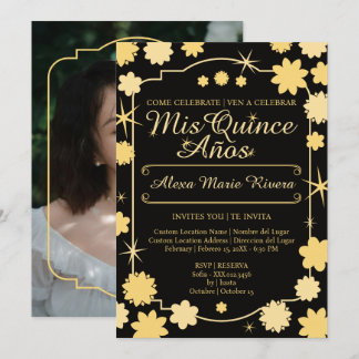 Quinceanera Foto Blommig Guld Silver Ros Glam Inbjudningar