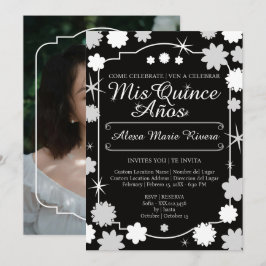 Quinceanera Foto Blommig Guld Silver Ros Glam Inbjudningar