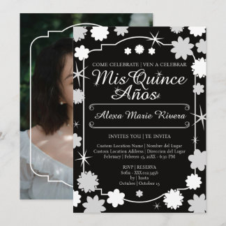 Quinceanera Foto Blommig Guld Silver Ros Glam Inbjudningar