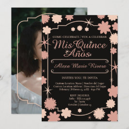 Quinceanera Foto Blommig Guld Silver Ros Glam Inbjudningar