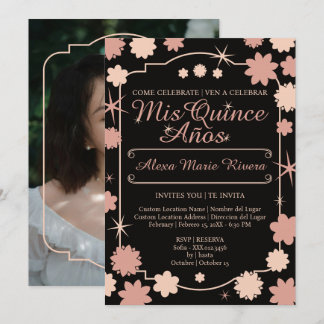 Quinceanera Foto Blommig Guld Silver Ros Glam Inbjudningar