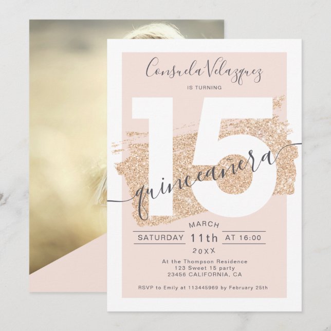  quinceanera-foto för guld glitter inbjudningar (Fram/baksida)