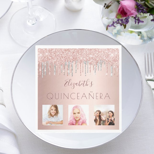 Quinceanera-foto ro guld glitter rosa silver pappersservett (Skapare uppladdad)