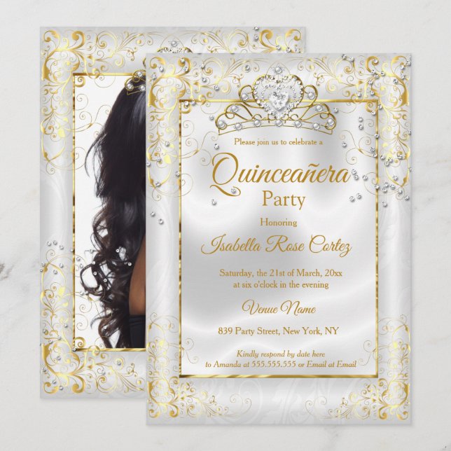 Quinceanera foto White Guld Tiara Diamond Heart Inbjudningar (Fram/baksida)
