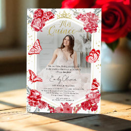 Quinceanera Fotoinbjudan Red Blommigt Gold Foil Inbjudningar