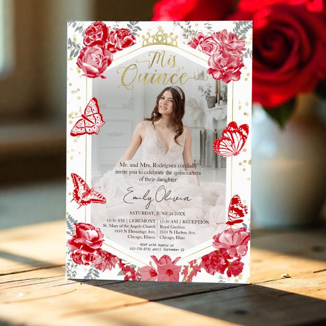 Quinceanera Fotoinbjudan Red Blommigt Gold Foil Inbjudningar (Skapare uppladdad)