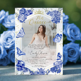 Quinceanera-fotoinbjudan, Royal Blue Blommigt Gol Inbjudningar