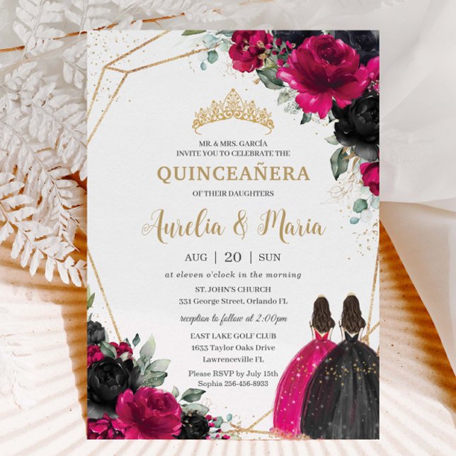 Quinceañera Fuchsia Black Blommigt Twillingar Guld Inbjudningar (Skapare uppladdad)