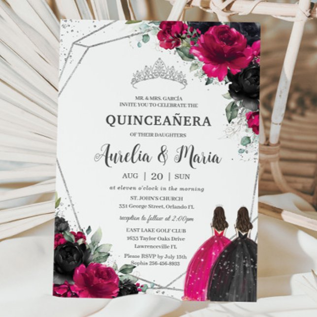 Quinceañera Fuchsia Black Blommigt Twillingar Silv Inbjudningar (Skapare uppladdad)