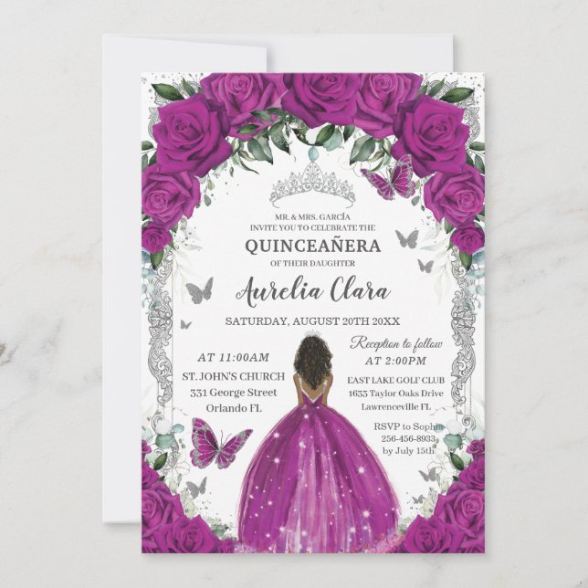 Quinceanera Fuchsia Blommigt Vintage Silver Brown Inbjudningar (Framsida)