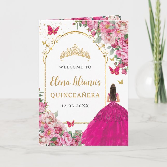 Quinceañera Fuchsia Gold Padrinos Events Program (Framsida)