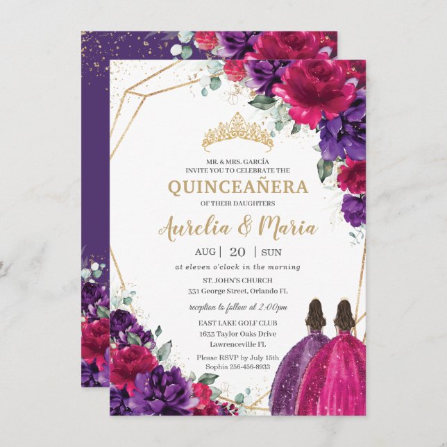 Quinceañera Fuchsia Mörk Lila Blommigt Ro Twilling Inbjudningar (Fram/baksida)
