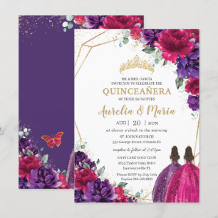 Quinceañera Fuchsia Mörk Lila Blommigt Ro Twilling Inbjudningar