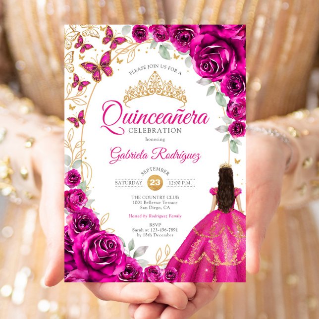 Quinceanera Fuchsia Pink Gold Floral Inbjudningar (Skapare uppladdad)