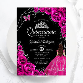 Quinceanera Fuchsia Pink Silver Dress Floral Inbjudningar