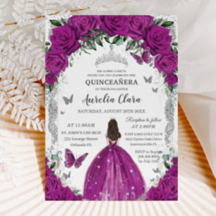 Quinceañera Fuchsia Ro Blommigt Vintage Silver Inbjudningar