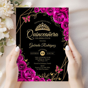 Quinceanera Fuchsia Rosa Black Guld Blommigt Inbjudningar