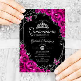Quinceanera Fuchsia Rosa Black Silver Blommigt Inbjudningar