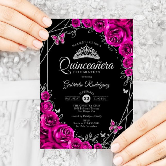 Quinceanera Fuchsia Rosa Black Silver Blommigt Inbjudningar (Skapare uppladdad)