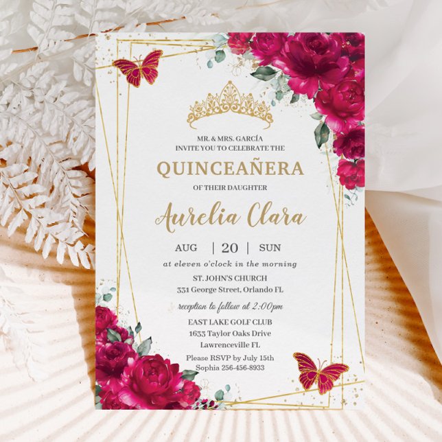 Quinceañera Fuchsia Rosa Blommigt Butterflies Tiar Inbjudningar (Skapare uppladdad)