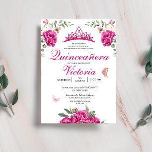 Quinceañera Fuchsia Rosa Blommigt butterfly krona Inbjudningar