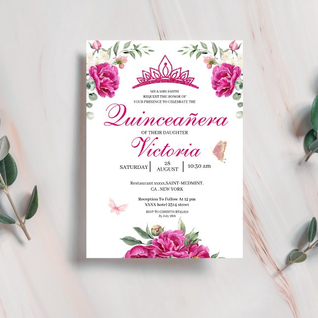 Quinceañera Fuchsia Rosa Blommigt butterfly krona Inbjudningar (Skapare uppladdad)