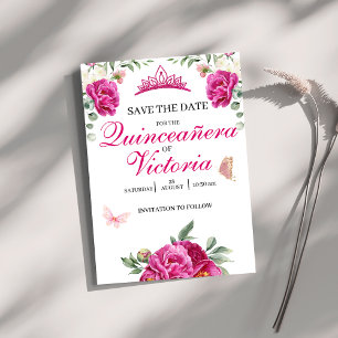 Quinceañera Fuchsia Rosa Blommigt butterfly krona Spara Datumet