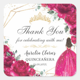 Quinceañera Fuchsia Rosa Blommigt Princess Gown Gu Fyrkantigt Klistermärke