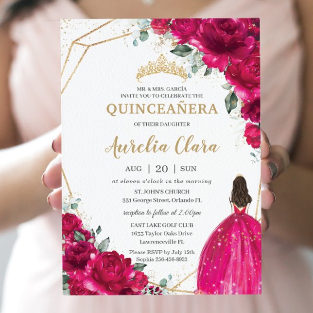 Quinceañera Fuchsia Rosa Blommigt Princess Gown Gu Inbjudningar (Skapare uppladdad)