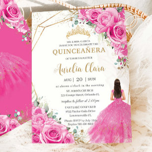 Quinceañera Fuchsia Rosa Blommigt Princess Guld Inbjudningar